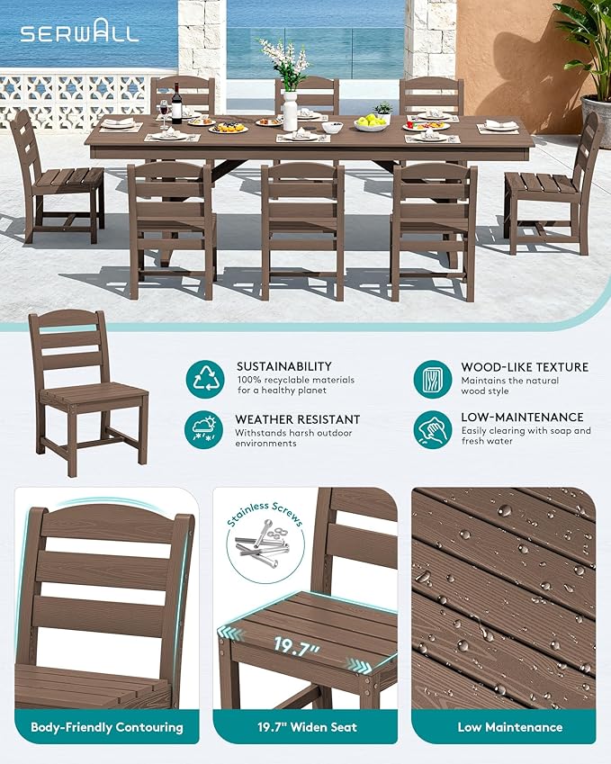 SERWALL Outdoor Armless Dining Chairs Set of 4, All-Weather HDPE Patio Dining Chair with 19.7" Widened Seat, for Backyard, Deck, Lawn and Garden, Brown