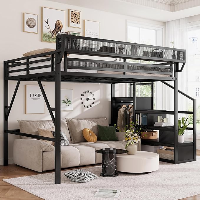 Mirightone Queen Size Loft Bed with Stairs and Storage, Metal Loft Bed Frame with Bedside Shelf and Large Under-Bed Space, Heavy-Duty Loft Beds for Adults Teens and Kids, Convertible Staircase, Black