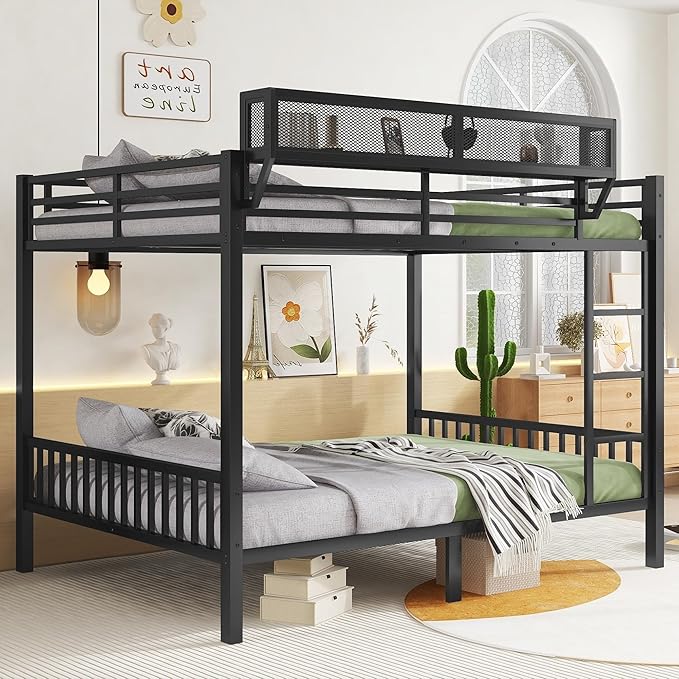 KEIKI Queen Over Queen Size Metal Bunk Bed Frame with Ladder and Built-in Storage Shelves, for Teens, Bunk Bed with Solid Slats, Guardrail, No Box Spring Required, Easy Assembly, for Bedroom, Black