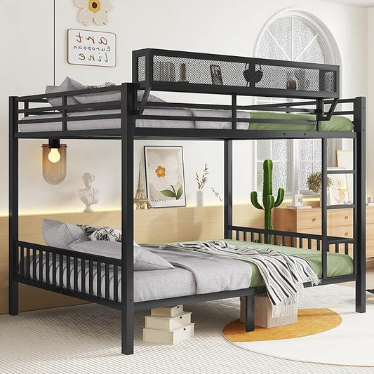 KEIKI Queen Over Queen Size Metal Bunk Bed Frame with Ladder and Built-in Storage Shelves, for Teens, Bunk Bed with Solid Slats, Guardrail, No Box Spring Required, Easy Assembly, for Bedroom, Black