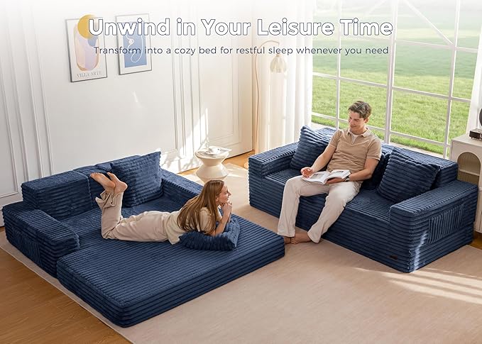 MAXYOYO Loveseat Sofa Bed, Striped Faux Fur Foldable Floor Sofa Couch in A Box, 4 in 1 Convertible Boneless Couch with 2 Cup Holders, Folding Recliner Sleeper Chair, No Assembly Required, Navy