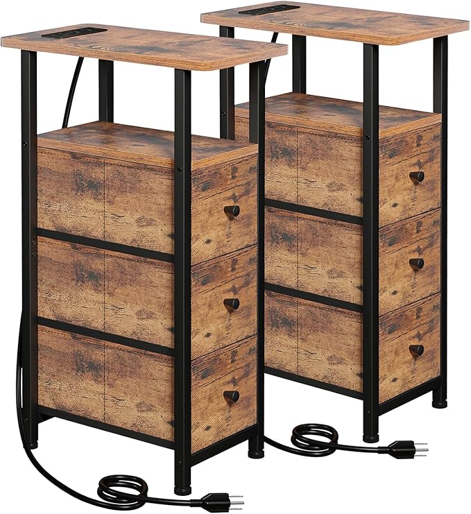 LOAKEKEL Narrow End Tables Living Room Set of 2 with Charging Station, Skinny Side Table with Fabric Drawers, Slim Nightstand for Bedroom, Small Spaces, Couch, Rustic Brown, HETNDP03PBR