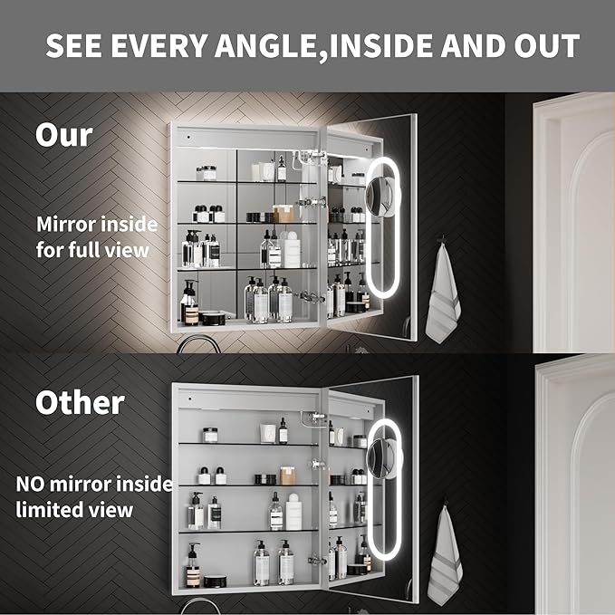 ExBrite 24 x 32 Lighted Medicine Cabinet with Mirror, Front&Backlit led Medicine Cabinet,Defog,5X Magnifier,3 Colors Temper Dimmable,Surface or Recessed Mount,Hinge on the Right
