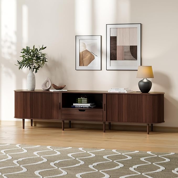 DHH 86.6" Fluted TV Stand with Power Outlet for TVs up to 90", TV Console with Adjustable Shelves and Sliding Door,Mid Century Modern Entertainment Center for Living Room,Bedroom (Walnut, 86.6Inch)