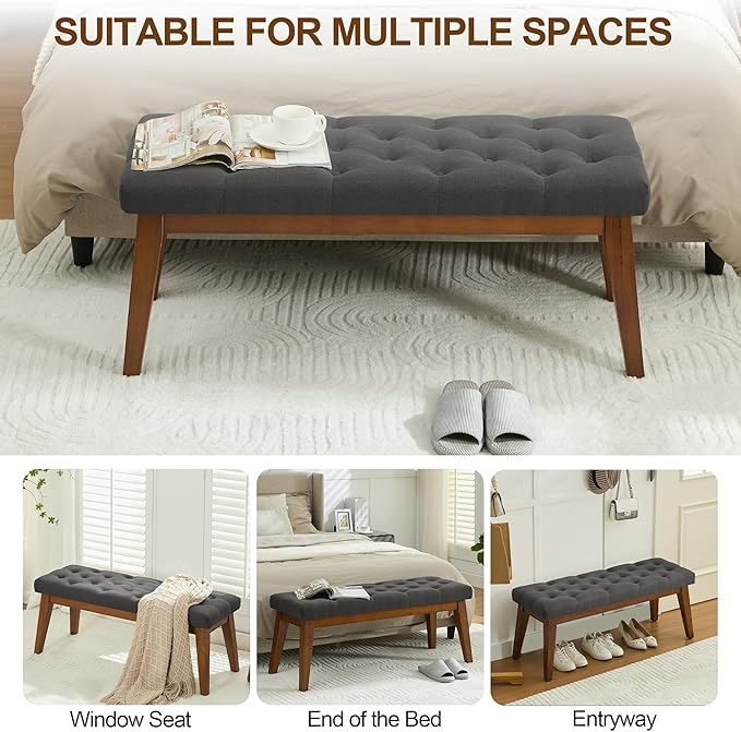 WUTUTUEE 43.5'' Linen Bedroom Bench, Upholstered End of Bed Bench with Tufted Button, Padded Vintage Dining Bench, Entryway Bench with Solid Wood Legs, Kitchen, Living Room, Hallway, Dark Grey Tufted