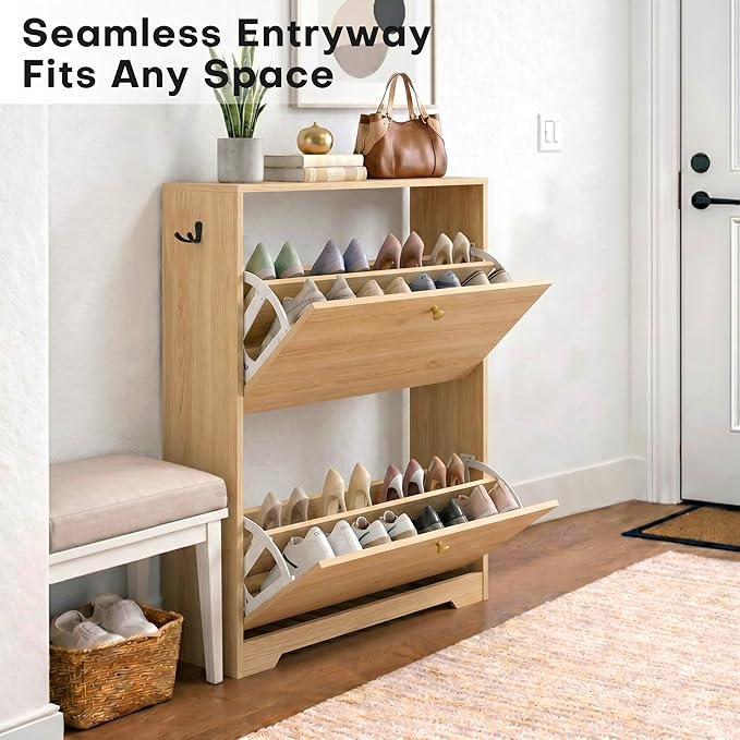 Nicetree Shoe Cabinet with 2 Flip Drawers, Narrow Shoe Organizer Cabinet, Freestanding Shoe Rack Cabinet, Modern Shoe Storage Cabinet for Entryway, Hallway, Foyer Natural Oak with Hook