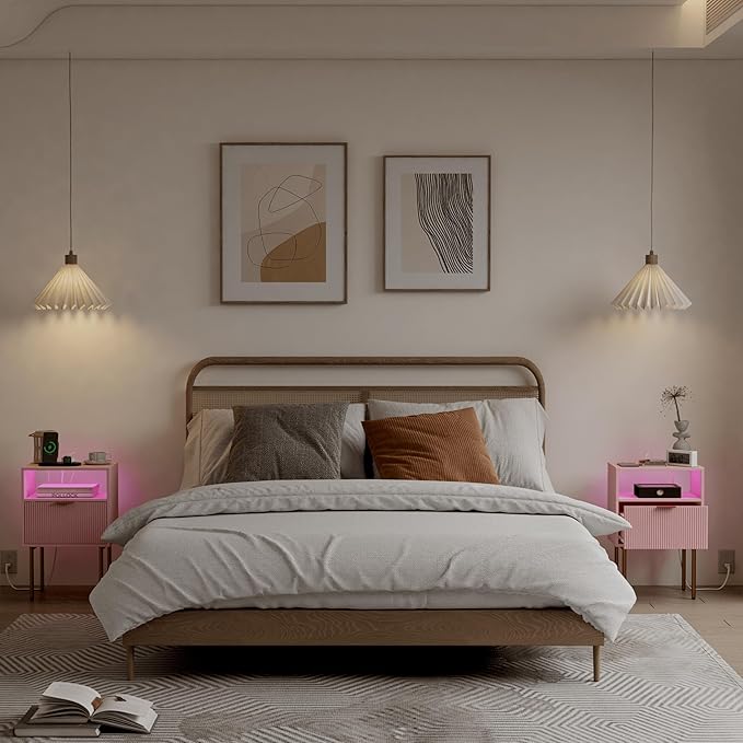 JOONEE Modern Nightstand with Charging Station and LED Lights, White Bedside Table with Drawer, Fluted Side Table for Living Room, Bedroom