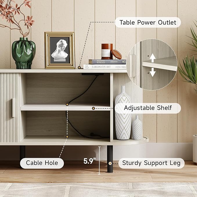 ONBRILL 70.8" TV Stand with Power Outlet for TVs up to 75 Inch, Entertainment Center with Storage and Adjustable Shelves, Modern Media Console with Sliding Doors for Living Room, Natural White