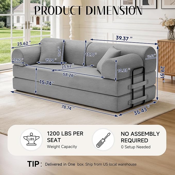 78.8" Convertible Sofa Bed with Detachable Arm Pillow, 6-in-1 Sectional Couches for Living Room, Corduroy Boneless Couch, Sleeper Loveseat Couch Bed, No Assembly, Light Gray Couch