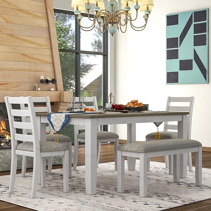 Harper & Bright Designs Rustic Style 6-Piece Dining Room Table Set with 4 Upholstered Chairs & a Bench (Brown + Whitewash)