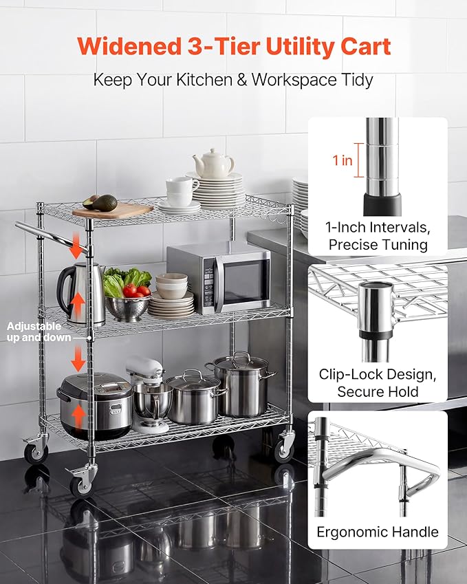 VEVOR Kitchen Utility Cart, 3 Tier Heavy Duty Adjustable Wire Storage Rack, Commercial Steel Rolling Service Trolley on Wheels, Work Table with Handle Bar, for Garage and Laundry Room, 35x17.8x40.9 in
