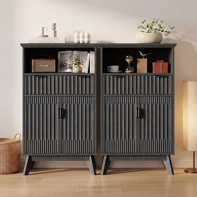 Fatmok Buffet Cabinet with Storage, 40" Modern Fluted Coffee Bar Cabinet with Drawer & Open Shelf, Wood Buffet Sideboard Console Table for Entryway, Kitchen, Living Room (Black)
