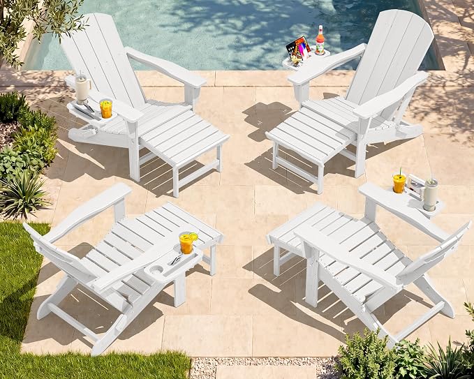 SERWALL Folding Adjustable Adirondack Chairs with Footrest Set of 4, HDPE Outdoor Chair with 4-in-1 Cup Holders, All Weather Adirondack Chair with Ottoman, White