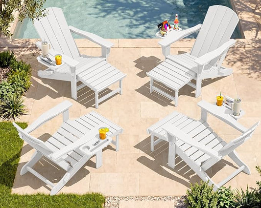 SERWALL Folding Adjustable Adirondack Chairs with Footrest Set of 4, HDPE Outdoor Chair with 4-in-1 Cup Holders, All Weather Adirondack Chair with Ottoman, White