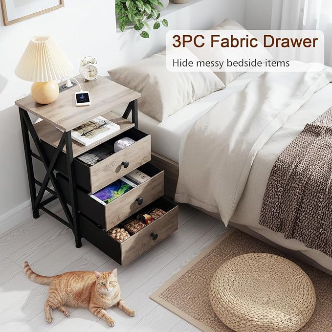 AMHANCIBLE Night Stand Set 2, LED Nightstand with Charging Station, End Side Tables with USB Port & Outlet, Bedside Table with 3 Fabric Drawers for Bedroom, Greige, HET053LGY