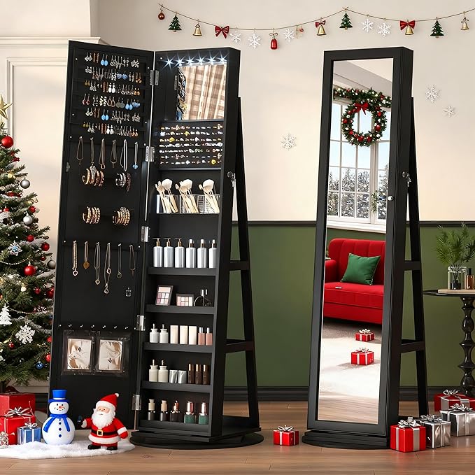 LVSOMT LED Mirror Jewelry Cabinet Standing, 360° Swivel Jewelry Organizers and Storage, Farmhouse Mirror with Jewelry Storage, Lighted Jewelry Armoire with Full Length Mirror (Coal Black)