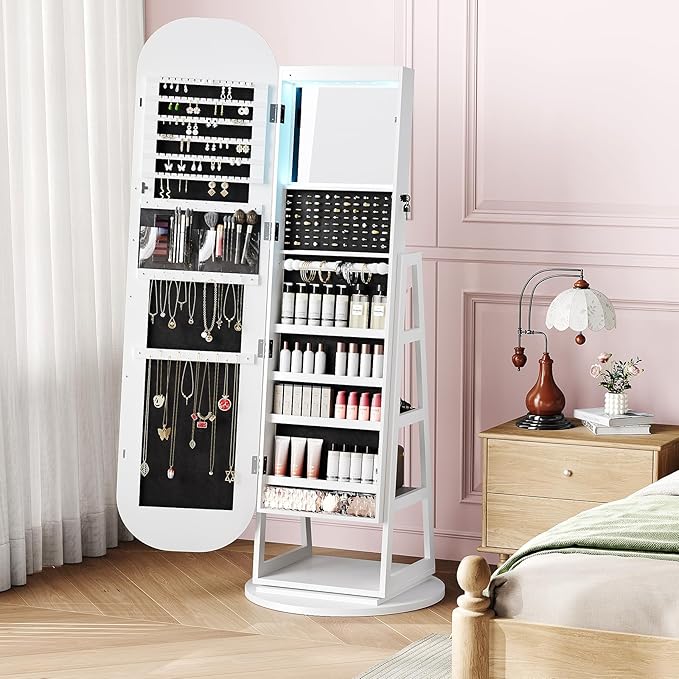 360° Swivel Jewelry Mirror Cabinet with Lights, Inside Makeup Mirror, Standing Jewelry Armoire Organizer, Rotatable Full-Length Mirror with Jewelry Storage, Lockable with Back Storage Shelves (White)