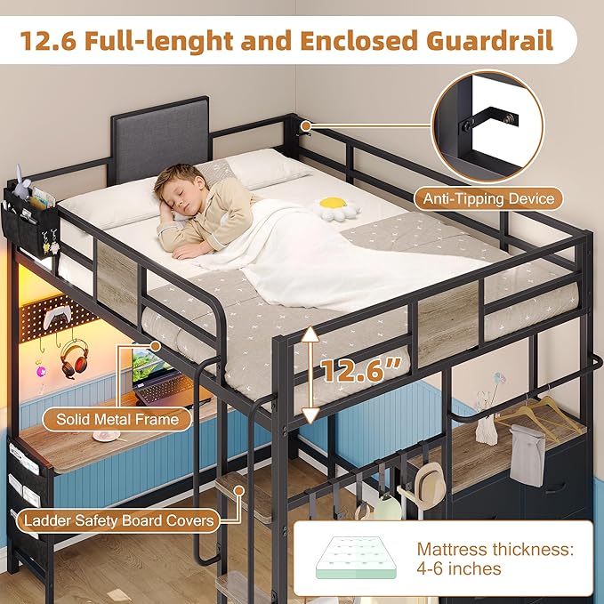 Dnxao Full Size Loft Bed with Desk, Heavy Duty Metal Bed Frame for Teens Adults, 6 Storage Drawers, Power Outlet with Type-C, LED Lights, Integrated Study Workstation for Small Room,Oak Gray