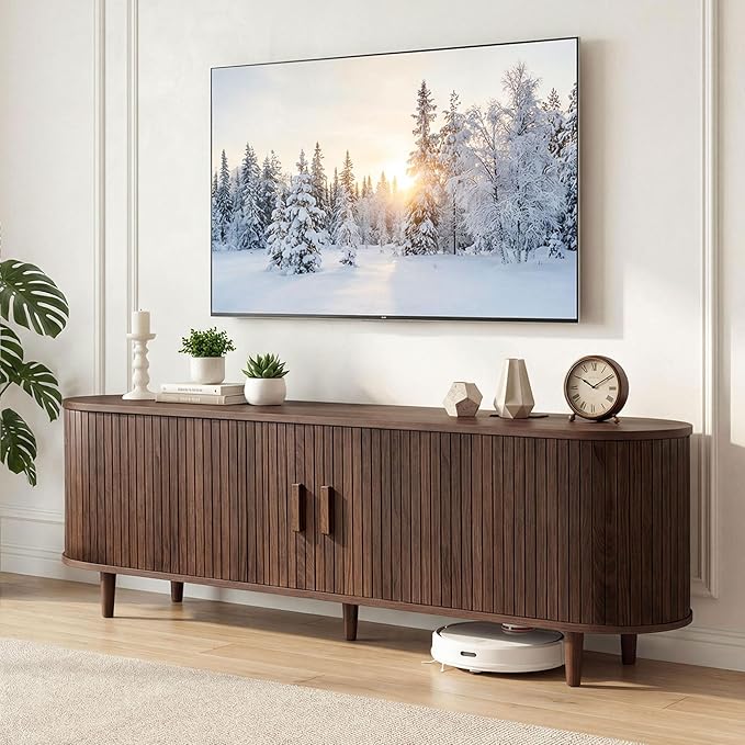 65" Mid Century Modern TV Stand, Wood TV Consoles with Sliding Doors and Power Outlet, Fluted Entertainment Center with Adjustable Shelves, Media Console for Living Room, Walnut