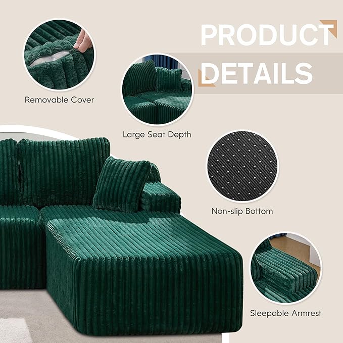 Hobestluk Modular Sectional Sofa Boneless Couch L-Shape Couch 3 Seat Modular Couch Memory Foam Sectional Couches for Living Room Furniture, Cloud Couch with Oversized Chaise (108" Right Facing Chaise)