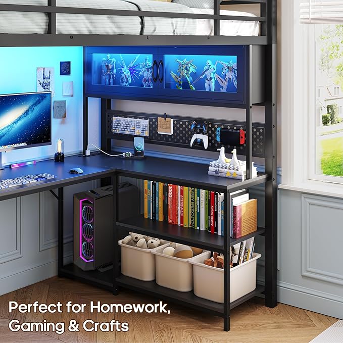 ADORNEVE Twin Size Loft Bed with L-Shaped Gaming Desk, Storage Drawers & Hutch, Expanded Safety Power Outlet, Metal Loft Bed Frame with RGB Lights, Space Saving for Teens, Black