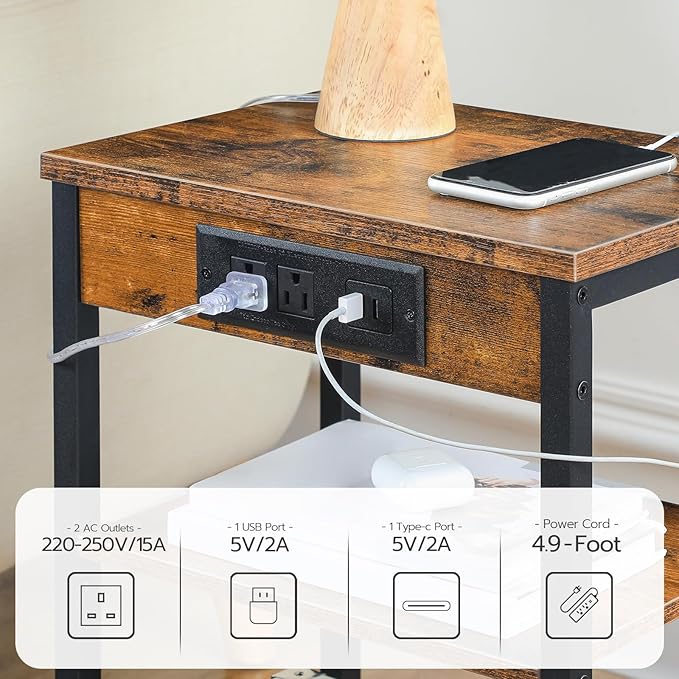 HOOBRO Side Tables Set of 2 with Charging Station and USB Port, Small End Tables for Small Space, 3-Tier Nightstands with Adjustable Shelf, for Living Room, Bedroom, Rustic Brown BF112BZP201