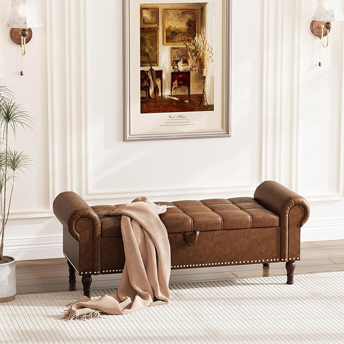 Apicizon 51” Bench with Storage, Upholstered Tufted Button Bedroom Bench with Storage, Faux Leather Ottoman Bench for Bedroom, Living Room, Entryway, Yellow Brown