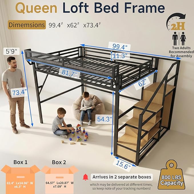 Mirightone Queen Size Loft Bed with Stairs and Storage, Metal Loft Bed Frame with Bedside Shelf and Large Under-Bed Space, Heavy-Duty Bed for Adults Teens and Kids, Convertible Staircase, Black