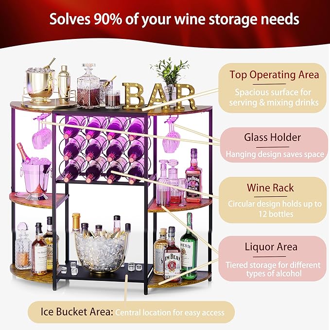 JKsmart Wine Bar Cart with LED Lights, Mini Wine Rack with Storage and Glass Holder, Small Home Bar Cart for Liquor, 3-Tier Bar Table for Kitchen, Dining Room, Living Room, Rustic Brown