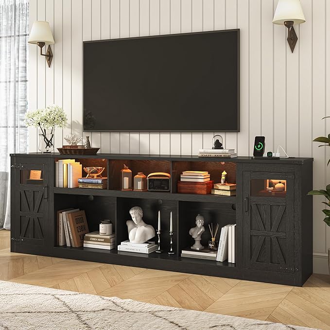 chartustriable Farmhouse TV Stand for 100 Inch TV,95" Entertainment Center w/LED Light,Large Media Console Cabinet w/Rustic Barn Doors,Power Outlets,Adjustable Shelves for Living Room,Black
