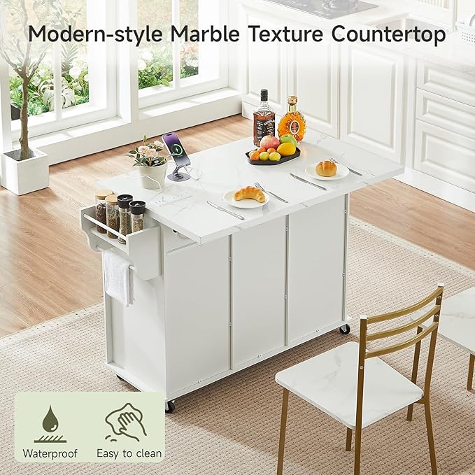 ONBRILL 47" Kitchen Island with 2 Storage Cabinets & 5 Drawers, Mobile Island Table for Kitchen with Imitation Marble Drop Leaf, Rolling Island Cart with Power Outlet & Spice Rack & Towel Rack, White
