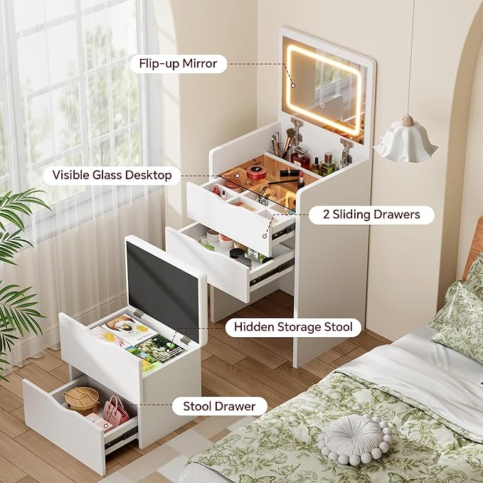 Mr IRONSTONE Compact Vanity Desk with Mirror and Lights, Hidden Makeup Vanity Cabinet with Storage Drawers & Shelves, Small Vanity Table for Bedroom, Flip Top Vanity for Small Spaces, White