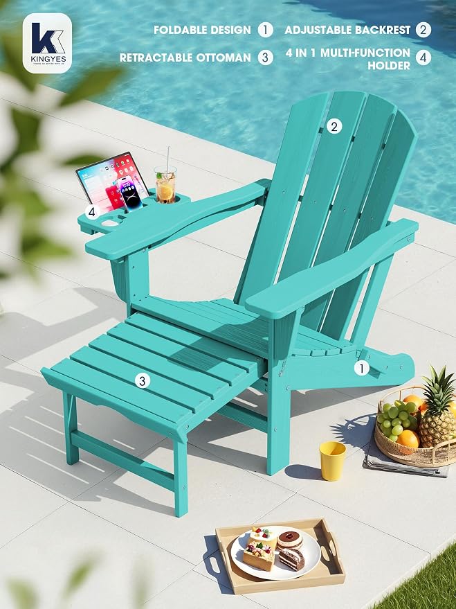 KINGYES Adjustable Folding Adirondack Chair with Footrest & 4-in-1 Multi-Functional Armrest Organizer Set of 4, HDPE Foldable Recliner Adirondack Chair with Pull-Out Ottoman, Aruba