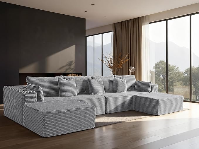 138" Cloud Sectional Couch, Comfort U Shaped Sofa for Living Room, Extra Deep Seats No Assembly, Minimalist Modular Couch, Corduroy (Light Grey, 6 Seats,U-Shape A)