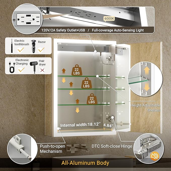20''x26'' Recessed or Surface Lighted Medicine Cabinet with Mirror, 3 Color Dimmable Anti-Fog Bathroom LED Medicine Cabinet Mirror with Outlet, Time Display & Inner Light, Right-Hinge
