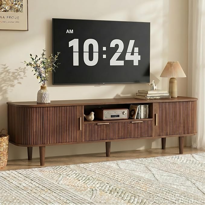 Mid Century TV Stand for TVs Up to 70 Inch, Fluted Media Console with Tambour Sliding Door, Solid Wood Entertainment Center with Storage for Living Room Bedroom Office(Walnut)