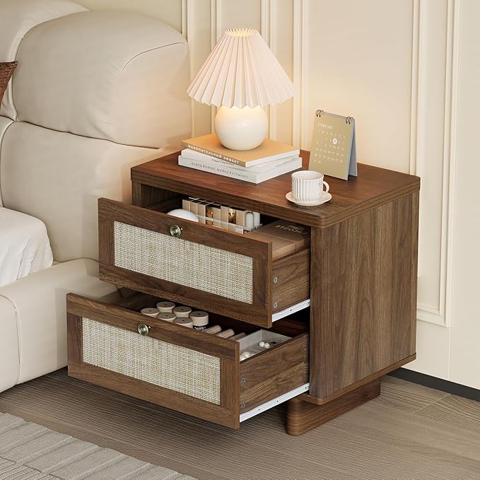 LAZZO Nightstands Set of 2, Mid Century Modern Night Stand with Rattan Drawers, Walnut Nightstand Bedside Table Set of 2, End Table for Bedroom (Walnut)