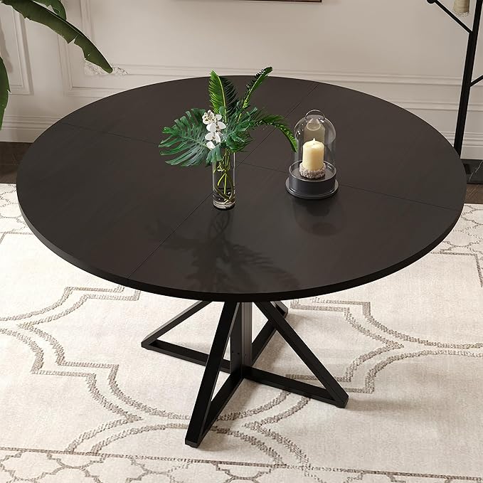 GarveeHome 47 Inch Round Dining Table for 4-6, Circle Kitchen Table with Pedestal Base, Farmhouse Wooden Dining Table for Small Spaces, Kitchen & Dining Room, Living Room-Black/Only Table