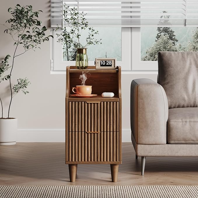 Narrow Nightstand Set of 2,11.8" Fluted Bedside Table Set of 2, Slim Side End Table with 2 Drawers, Wooden Bedside Table, Mid Century Modern Night Stand for Bedroom Livingroom Sofa Office