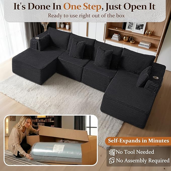 138" Cloud Sectional Couch, Comfort U Shaped Sofa for Living Room, Extra Deep Seats No Assembly, Minimalist Modular Couch, Corduroy (Black, 6 Seats,U-Shape C)