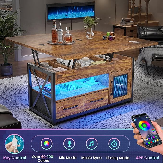 Itaar 40" Lift Top Coffee Table, 4 in 1 Coffee Tables with Storage Cabinet for Living Room, Small Farmhouse Coffee Table with 2 Fabric Drawers & LED Light for Dining Room, Rustic Brown