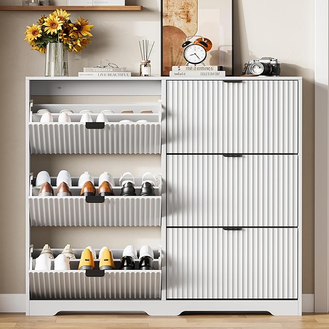 HUANLEGO Shoe Cabinet Storage for Entryway with 6 Flip Drawers, White Fluted Shoe Cabinet with Adjustable Shelves, Wooden Hidden Shoe Rack Freestanding Narrow Slim Shoes Storage for Hallway, Entrance