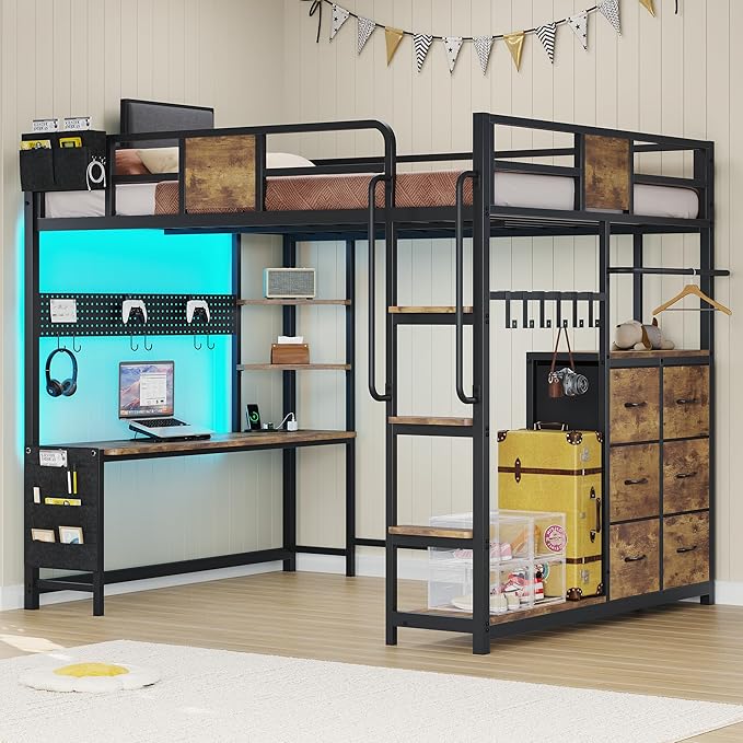 BYSAUD Loft Bed Full Size, Loft Bed with Desk, Bunk Bed with Desk, 6 Storage Drawers & 4 Open Shelves & 2 Storage Bags, LED Lights & Charging Station, Safety Guardrail, No Box Spring Needed, Brown