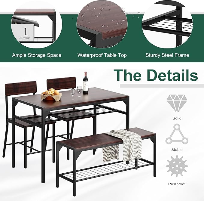Shintenchi Kitchen Table Chairs Set of 4, Dining Table Set for 4 with Bench and Chairs, 4 Pieces Kitchen Table Set with Storage Rack & Metal Frame for Small Space, Dark Walnut