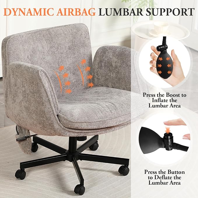 Criss Cross Chair with Lumbar Airbag & Folding Arms Relieve Back Pain, Wide Cross Legged Office Chair for Home Office, Comfy Swivel Desk Chair with Wheels, 5 Level Adjustable Armrest, Chenille(Grey)