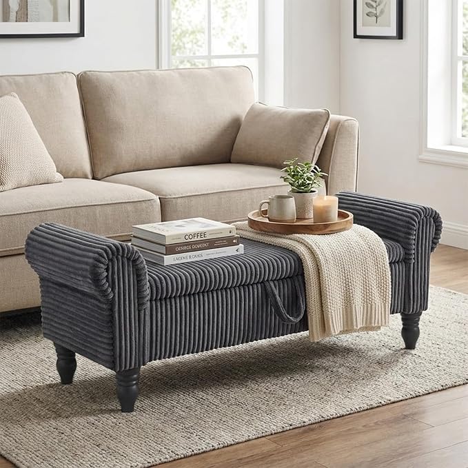 51.5" Bench for End of Bed Storage Benches, Queen End of Bed Bench Corduroy Upholstered Storage Ottoman Window Bench with Storage, for Bedroom, Entryway, Closet, Dark Grey