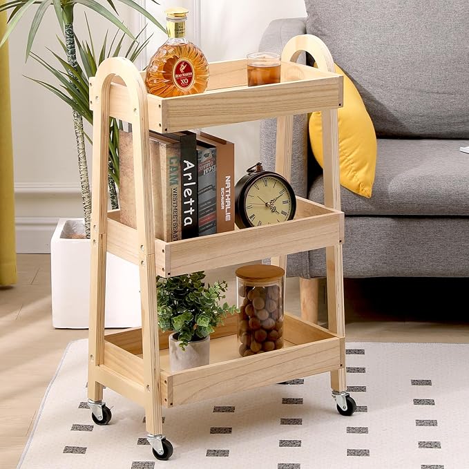 3-Tier Wooden Rolling Cart- Wooden Utility Cart wit Wheels- Utility Rolling Cart-Storage Trolley Organizer- Rolling Kitchen Cart Serving Cart for Office,Kitchen, Kids' Room (natural wood color)