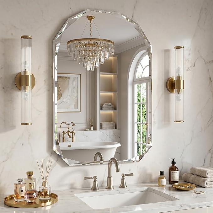 Suidia Bathroom Mirror, 26"x 38" Wall Mirror, Frameless Bathroom Mirror with Beveled Edge for Bedroom, Living Room, Entryway, Hallway, Arched Shape