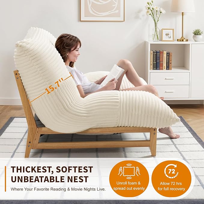 Oversized Cloud-Like Couch Single Seat, Extra-deep Seat Soft for Living Room, Minimalist Convertible Stuffed Bean Bag Cushion with Removable Washable Cover, Corduroy Beige