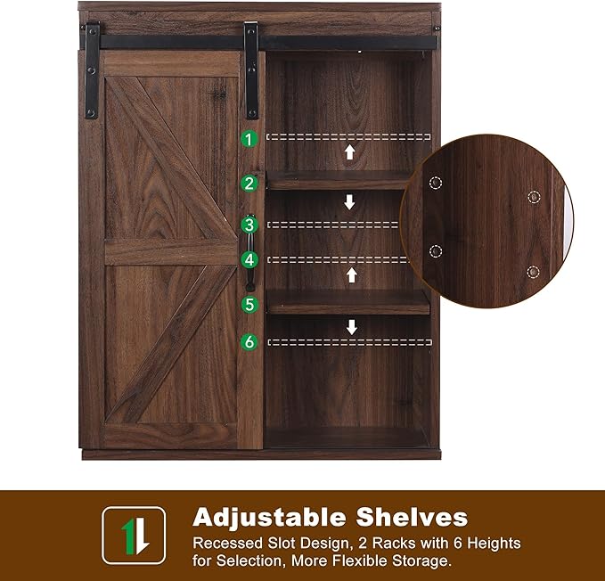 RUSTOWN Farmhouse Wood Wall Storage Bathroom Cabinet with Sliding Barn Door, Rustic Medicine Cabinet with Adjustable Shelf, 3-Tier Vintage Cabinet for Kitchen Dining, Bathroom, Living Room (Walnut)